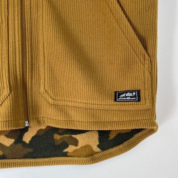 Eddie Bauer Men’s Medium Brown Tan Camo Fleece Ribbed Lined Hooded Vest Jacket - Picture 2 of 13